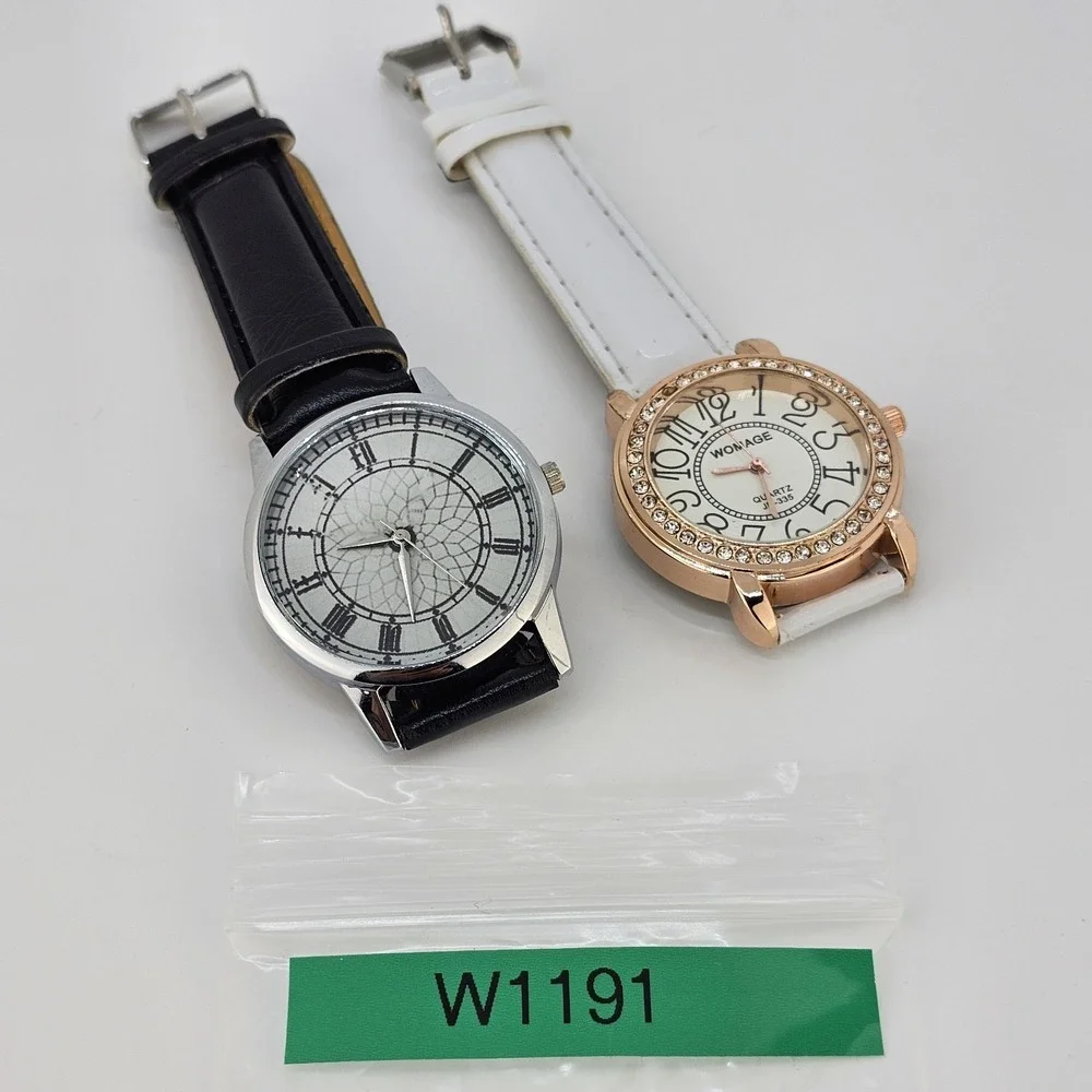 2X Women's Watch 38MM Gray Cream Dial Black White Faux Leather Bands NEW Battery